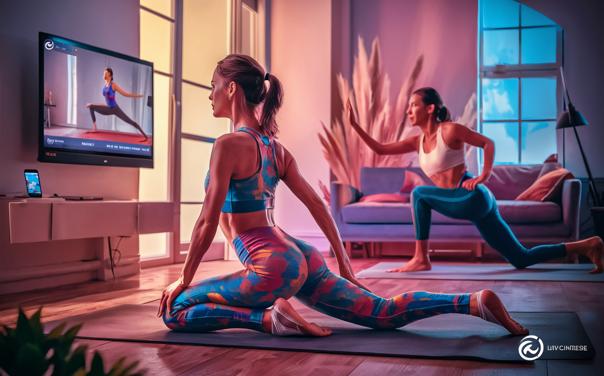 An illustration showing a diverse group of people participating in live video fitness training sessions. The central figure is a woman in colorful athletic wear performing a yoga pose, surrounded by smaller video call windows featuring other exercisers of various ages, genders, and ethnicities engaging in different workout activities.