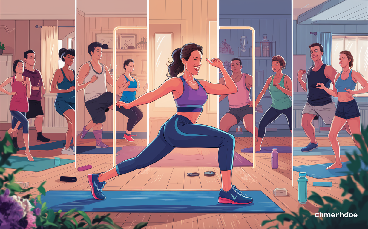 An illustration showing a group of people participating in a live virtual fitness class, with an energetic instructor leading various exercises in different rooms of a stylized home setting.