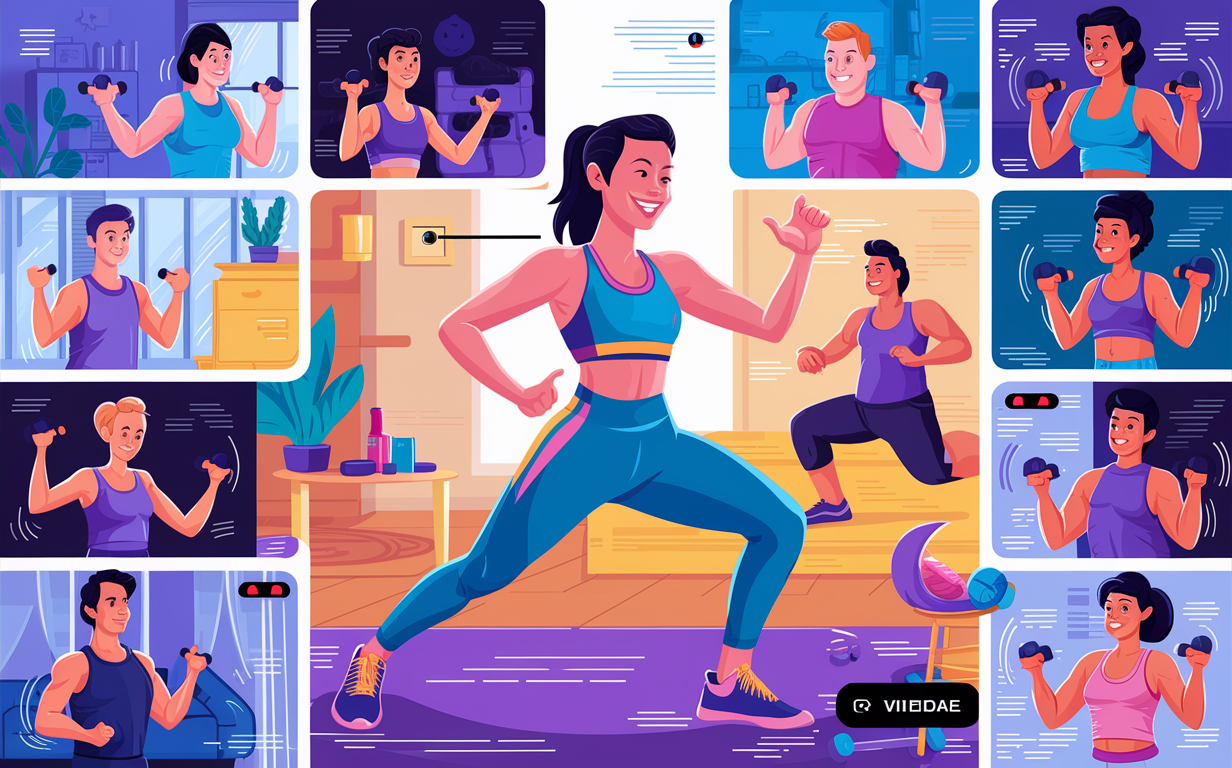 An illustration depicting a virtual fitness class with a central woman in activewear demonstrating exercises while surrounded by smaller video call windows showing other participants working out from home.