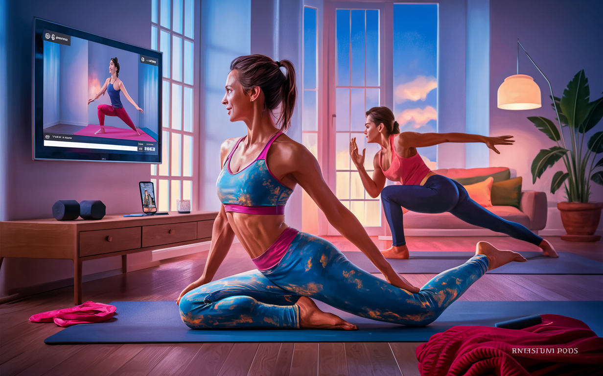 A fit woman in athletic wear is doing yoga poses while following a live video workout on a large TV screen in her modern living room.