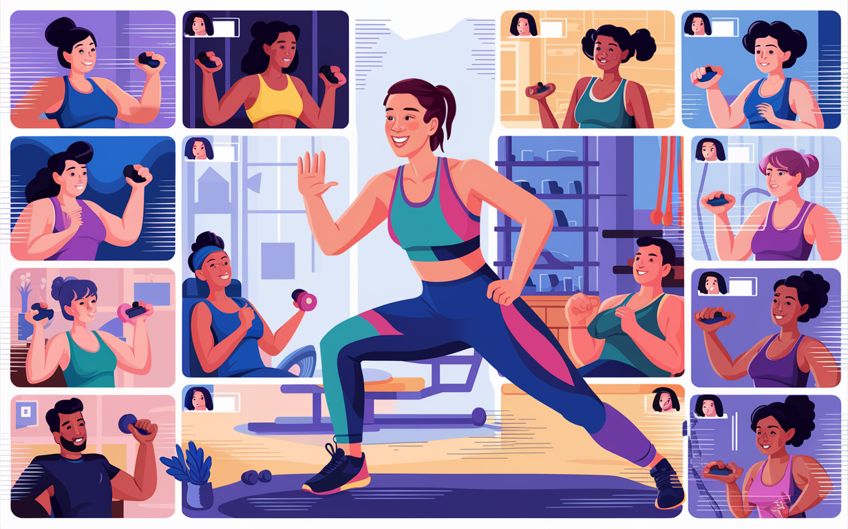 Illustrations of people participating in live virtual fitness classes, exercising with weights and doing aerobic activities through video conferencing screens