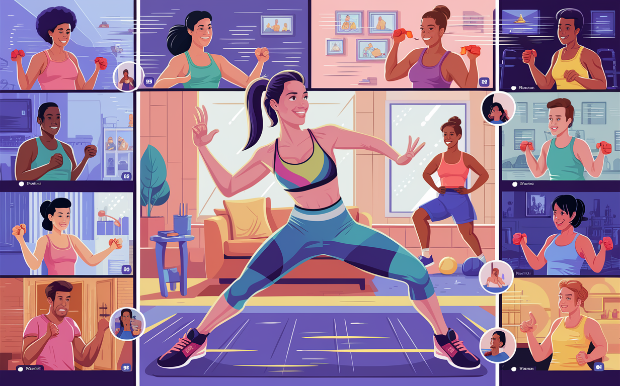 An illustration depicting a group of diverse people energetically participating in live video workout sessions, with various fitness activities like yoga, weightlifting, and aerobic exercises shown across multiple frames.