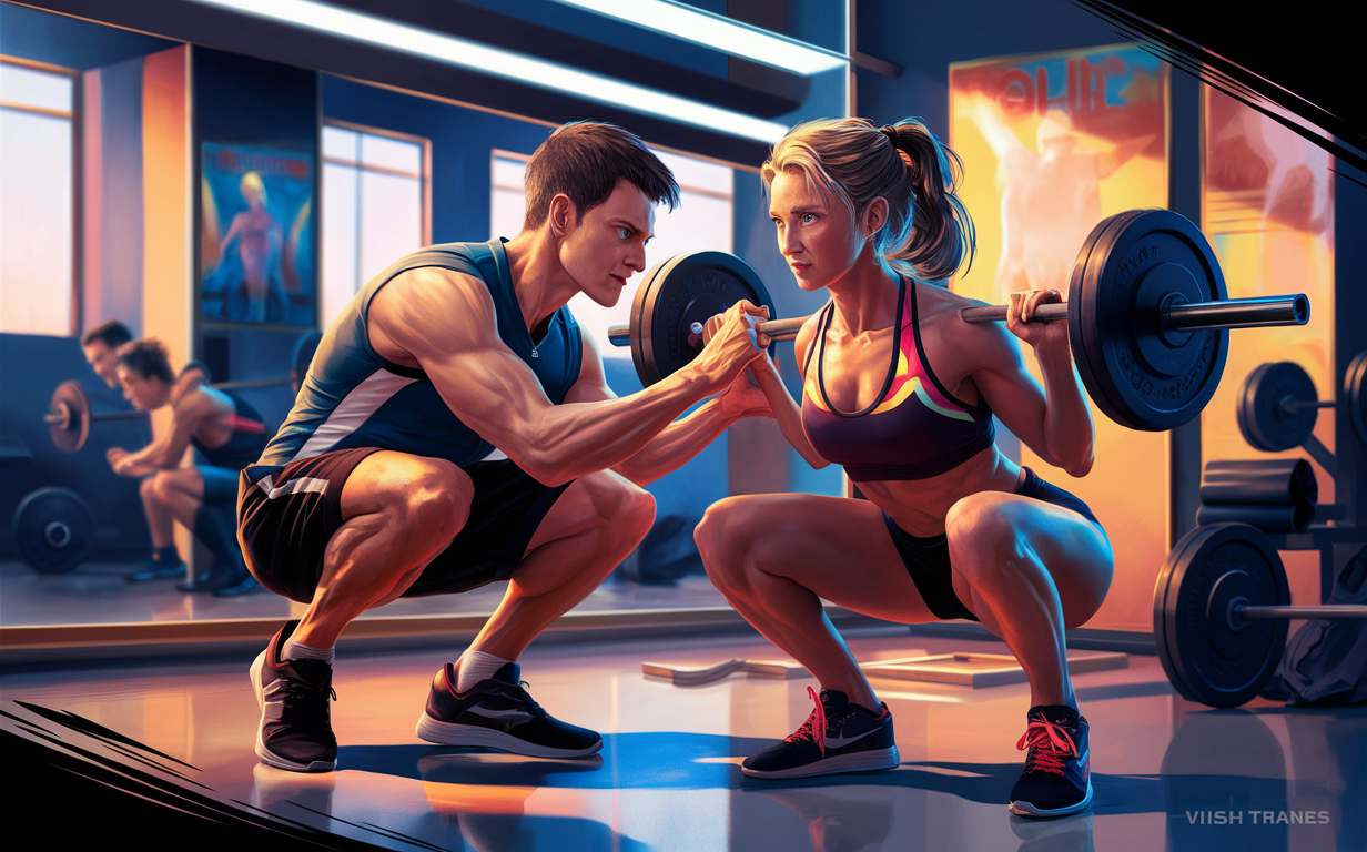 An illustration of a personal trainer guiding a client on proper exercise technique in a modern gym setting with neon lighting.