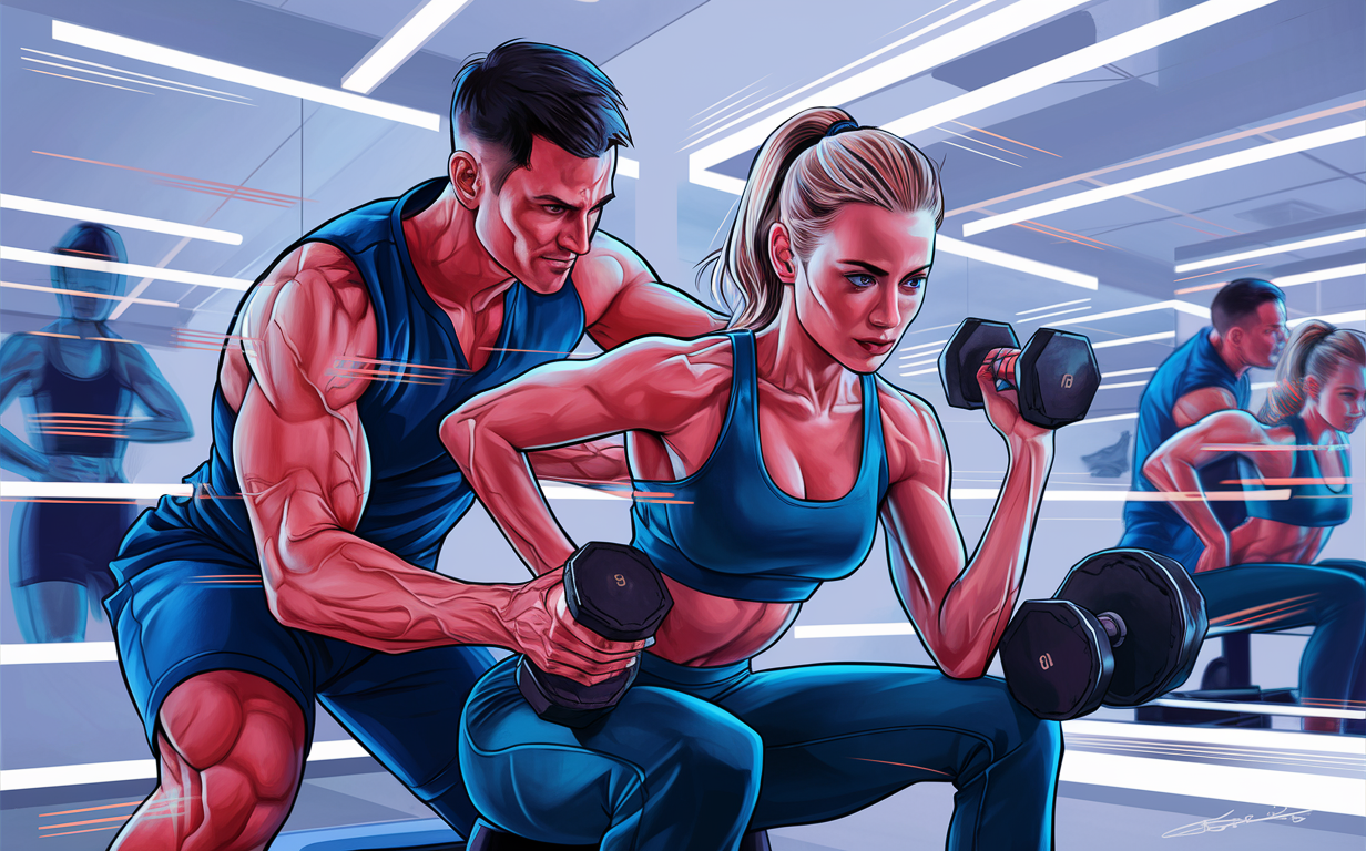 An illustration depicting a muscular personal trainer guiding a fit female client in proper weightlifting technique at the gym, focusing on exercise form correction to enhance fitness results safely.