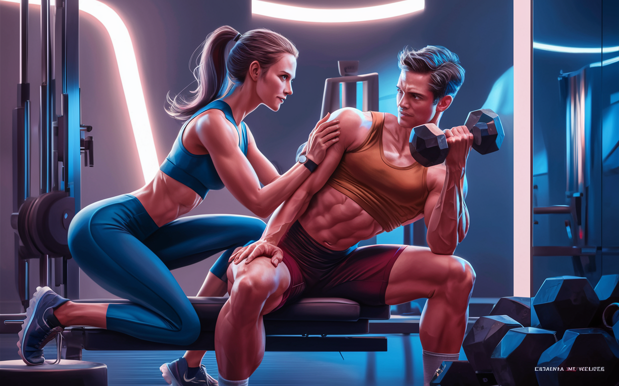 A digital illustration of a male personal trainer correcting the exercise form of a female client while working out together in a futuristic gym setting with neon lighting.