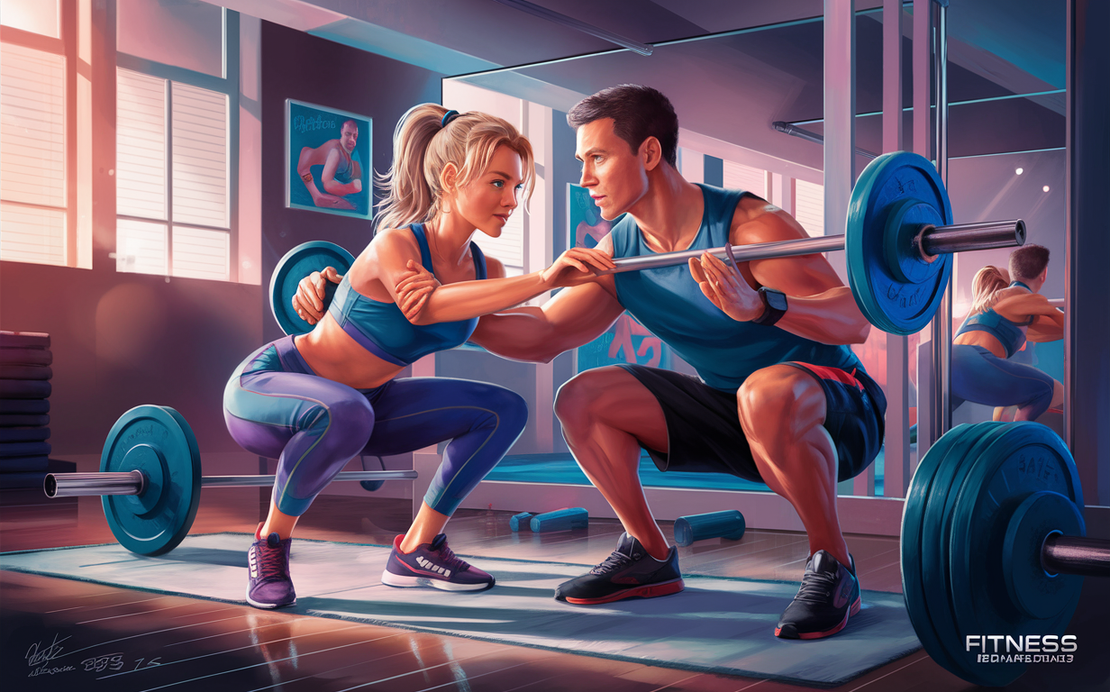 An illustration of a personal trainer guiding a female client on proper weightlifting technique while lifting a barbell together in a gym setting.