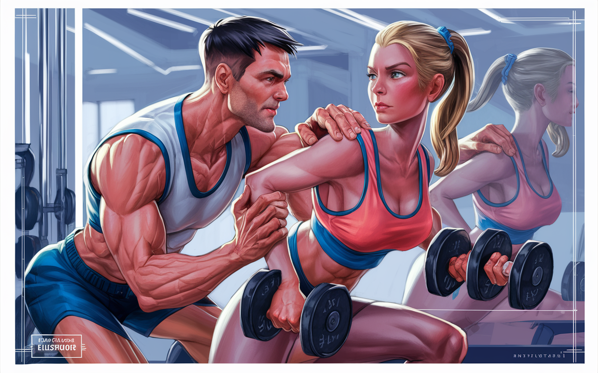 An illustration of a personal trainer guiding a woman through proper exercise technique with weights, while mirrors reflect their forms for visual feedback in a modern gym setting.