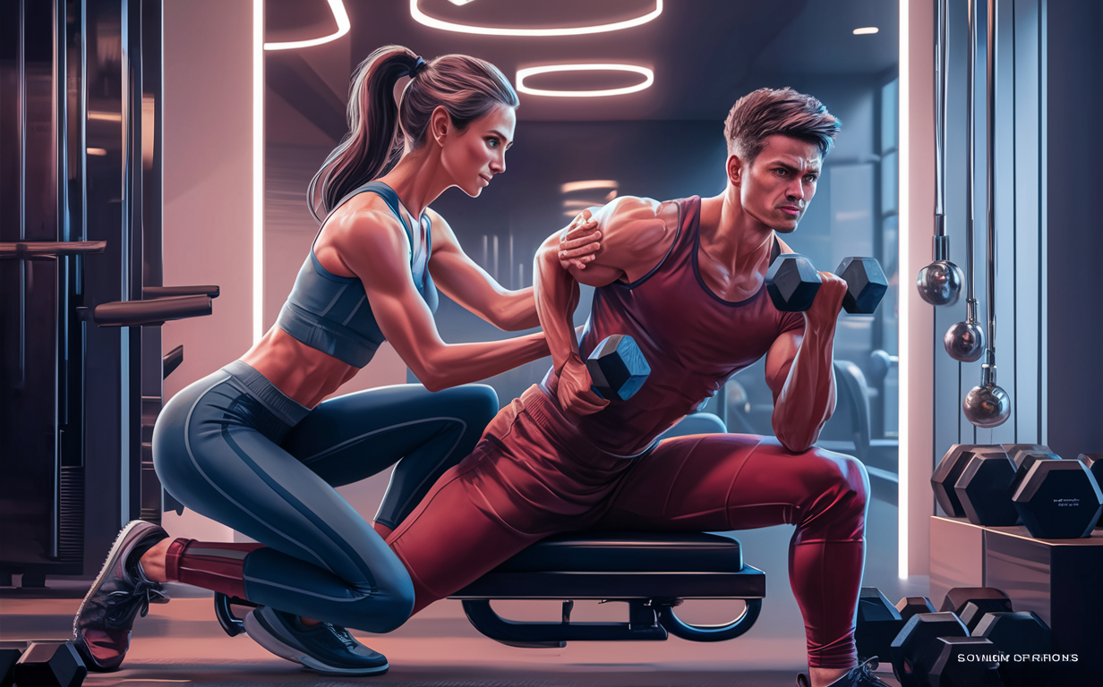 A futuristic gym scene depicting a muscular man lifting weights while a fit woman in athletic wear corrects his exercise technique, surrounded by neon lights and modern equipment.