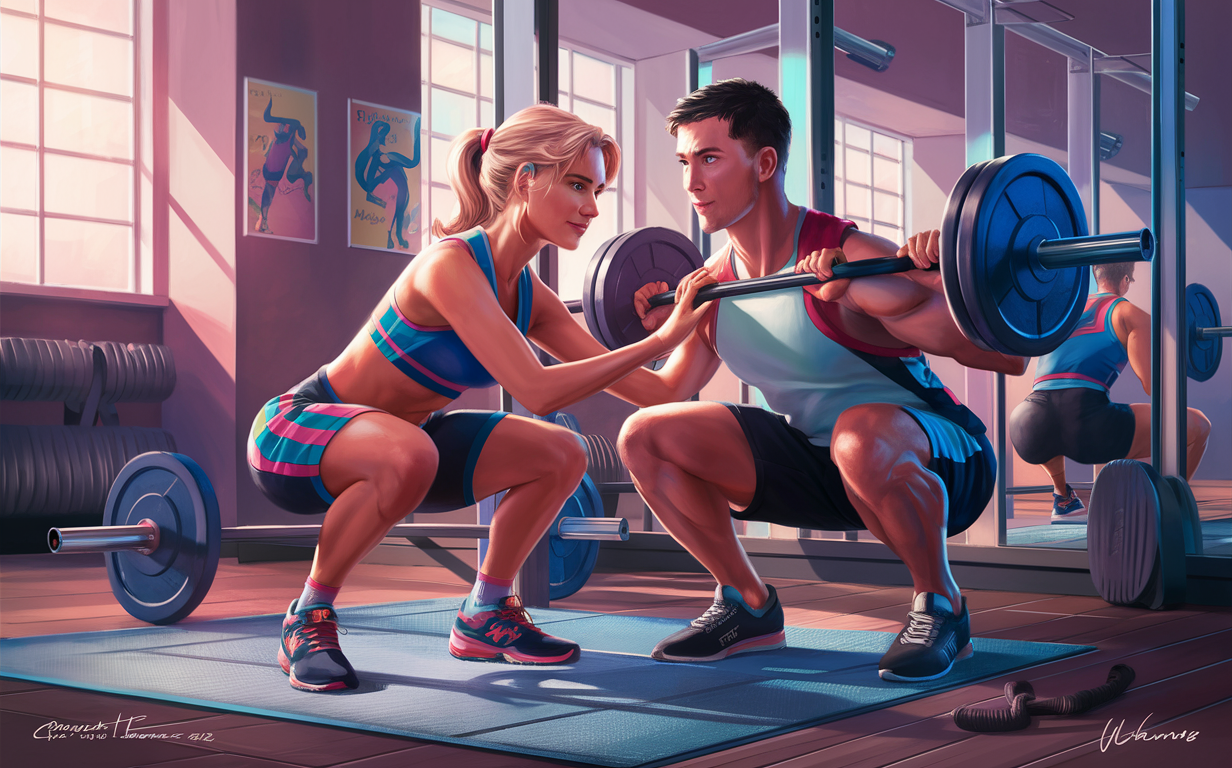 An illustration of a fit young man and woman working out together, with the woman guiding the man's form while lifting weights in a gym setting filled with exercise equipment and fitness posters.