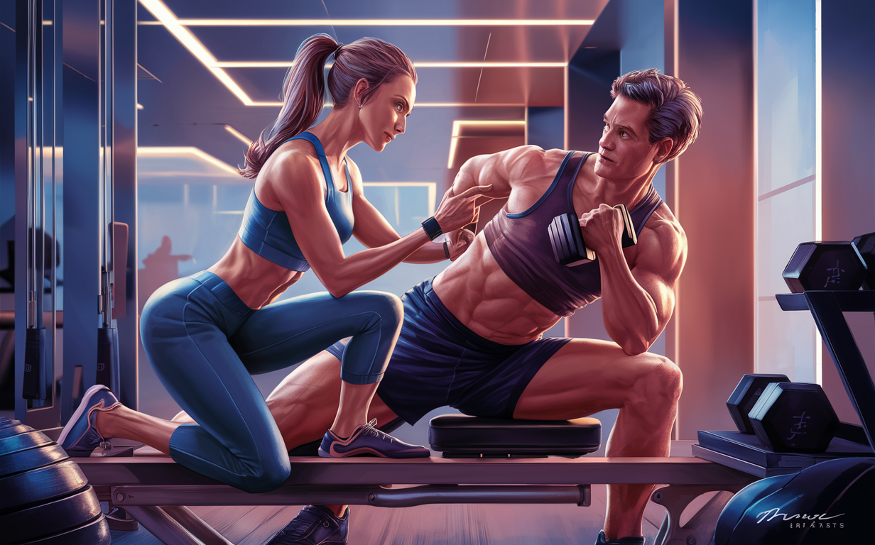 An illustration of a male personal trainer guiding a female client's form while weightlifting in a gym setting