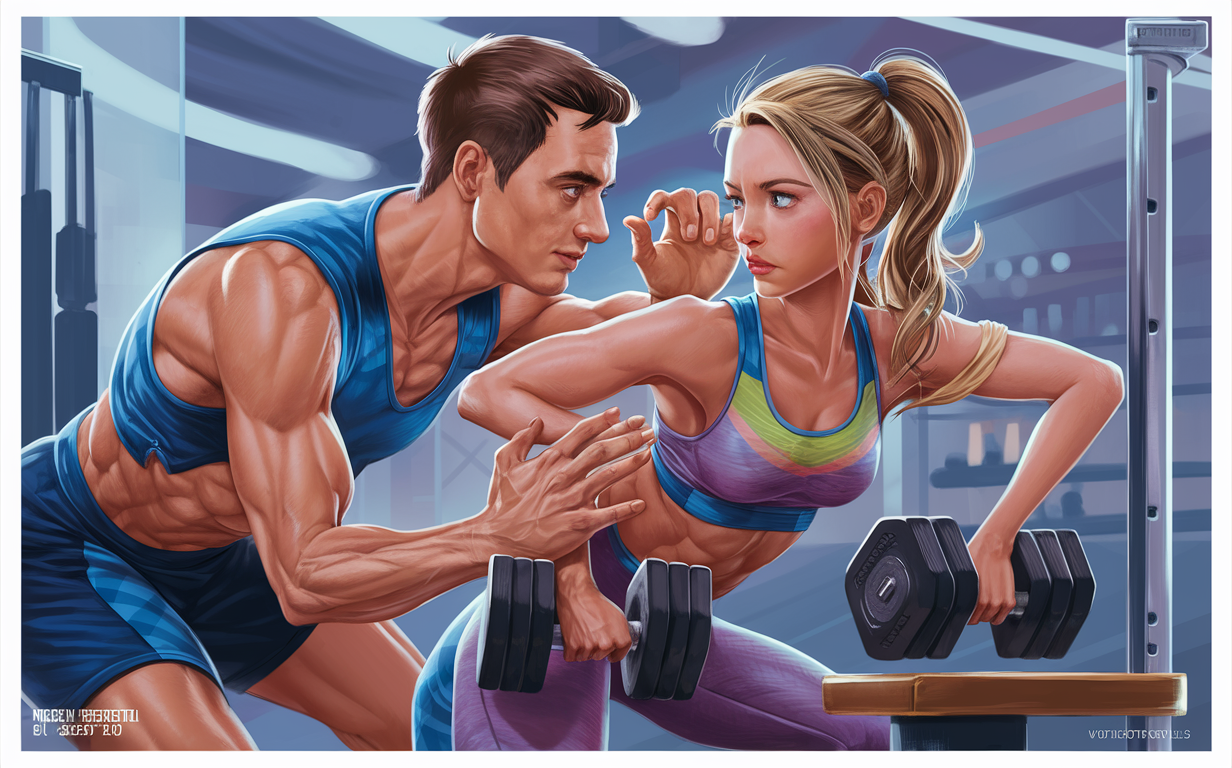 An illustration of a muscular personal trainer guiding a fit female client in proper weightlifting technique by gently adjusting her arm position during a dumbbell exercise in a gym setting.