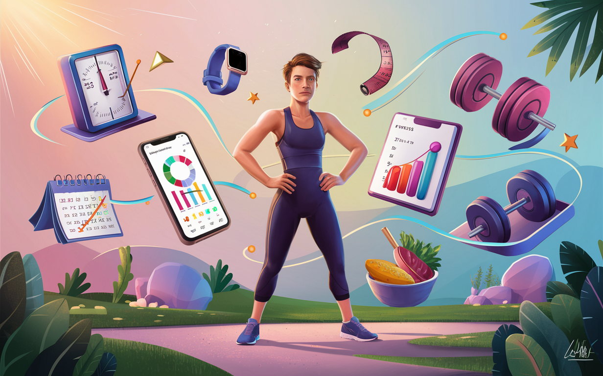 An illustration showing a fit person surrounded by various fitness tracking devices like smartwatches, fitness bands, and a nutrition app on a tablet. There are also icons representing healthy food items like fruits, vegetables, and supplements.