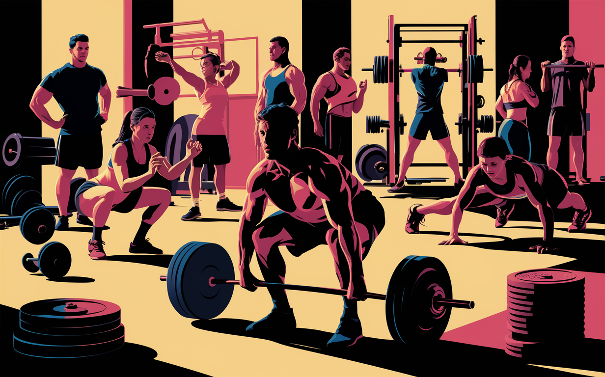 An illustration depicting muscular figures performing various strength training exercises in a gym setting, with weight equipment and motivational text in the background.