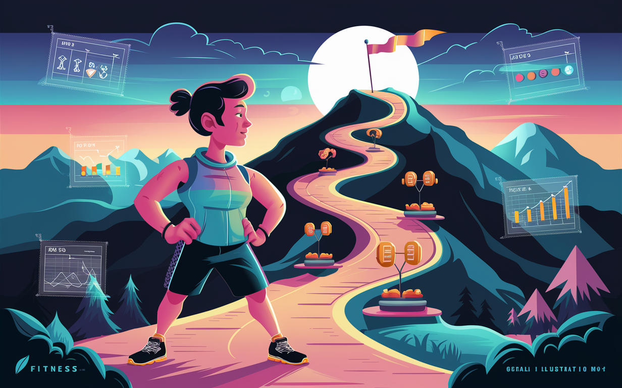 An illustration depicting a woman running on a winding path symbolizing a fitness journey, surrounded by data visualizations and analytics representing progress tracking and goal setting.