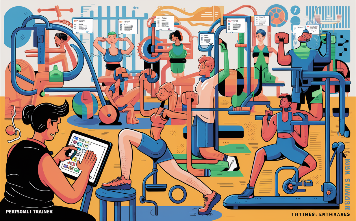 An illustration of a diverse group of people exercising together at a gym, with some lifting weights, running on a treadmill, and an instructor leading the group. The image shows statistics and metrics related to fitness tracking.