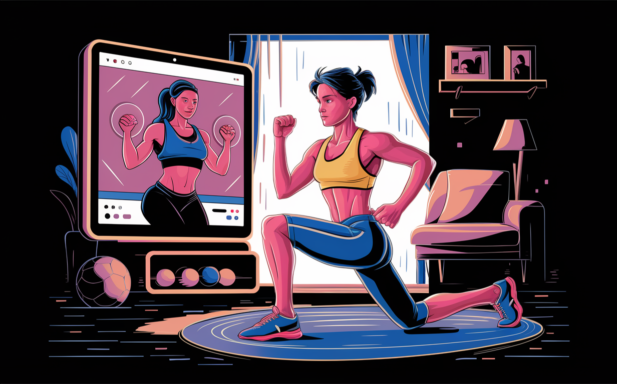 An illustration of a woman doing strength training exercises at home while following an online fitness video on a large computer screen. The scene depicts her living room with furnishings like a chair, lamp, and framed pictures.