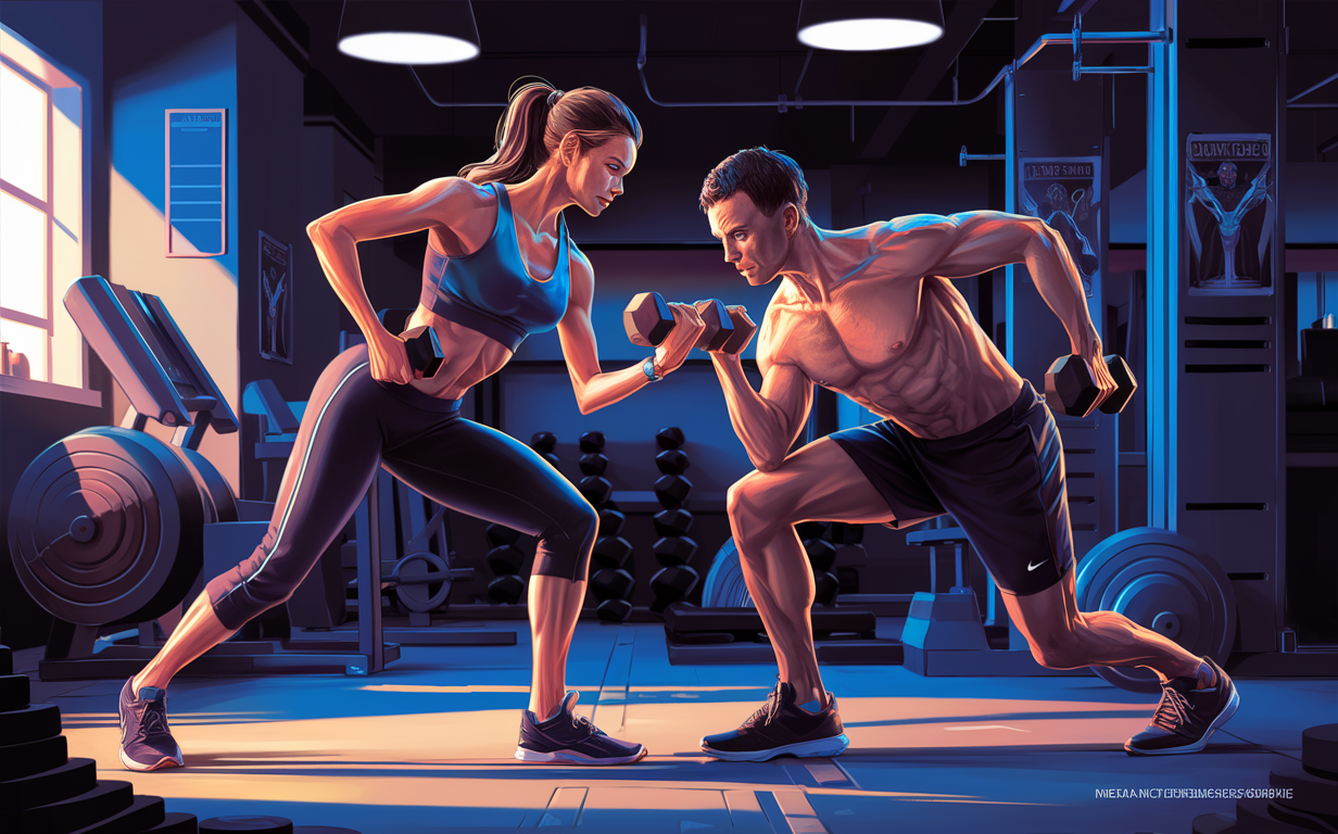 An illustration of a personal trainer guiding a client through exercises in a modern gym setting, with weight equipment and motivational banners visible in the background.