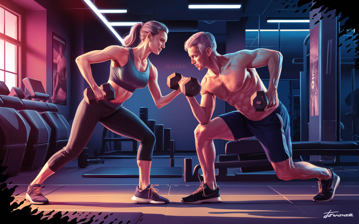 An illustration of a fit man and woman doing strength training exercises with dumbbells, being guided by a personal fitness coach in a modern gym setting.