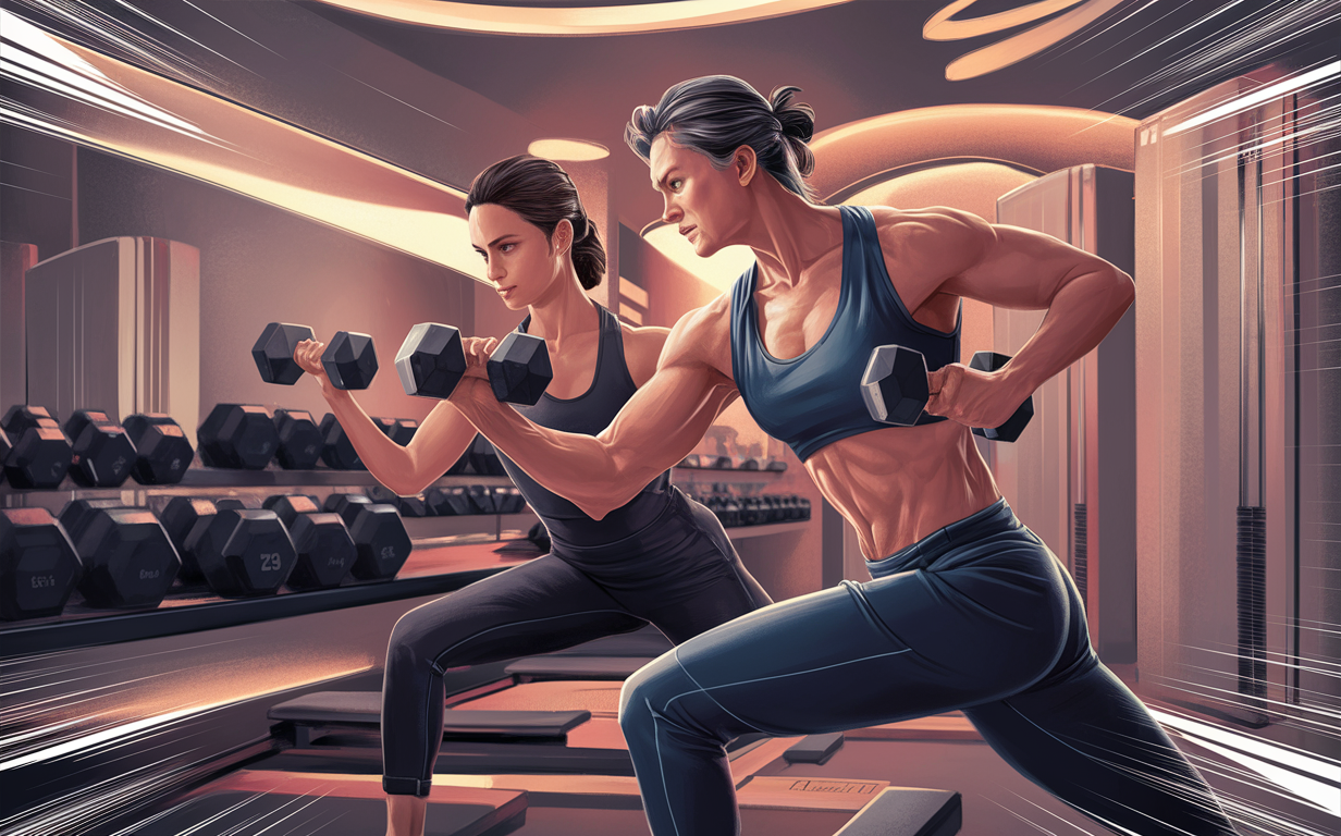 An illustration of a personal trainer guiding a client through strength training exercises with dumbbells in a stylized gym setting.