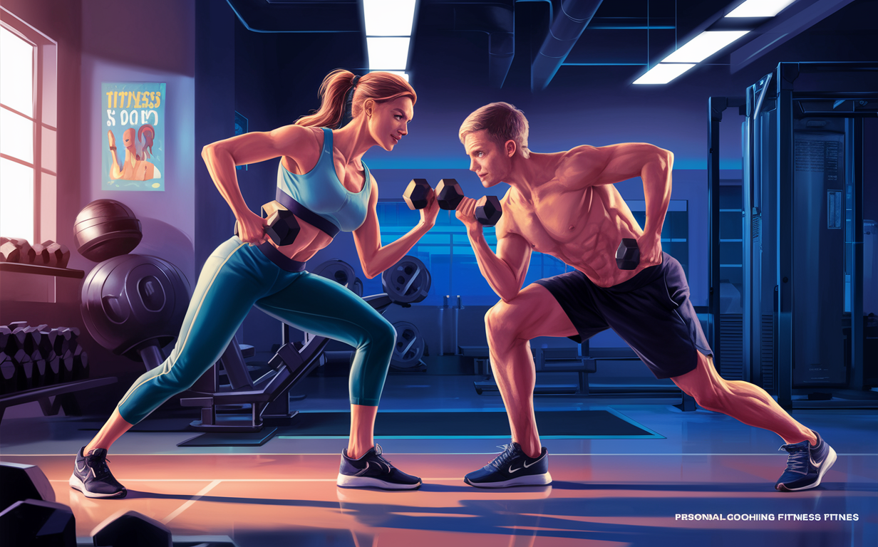 An illustration depicting a personal fitness trainer coaching a woman through exercises in a gym setting, promoting one-on-one coaching for transforming fitness journeys.