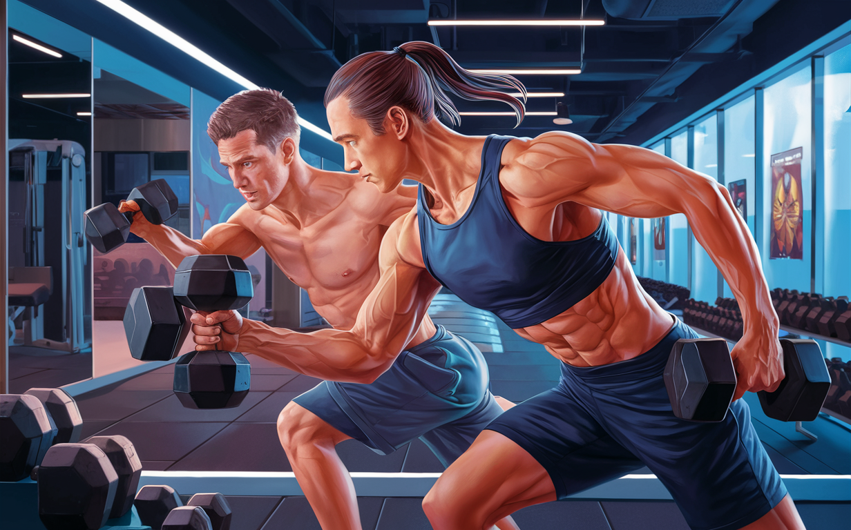 An illustration of a muscular man and woman working out with dumbbells in a modern gym setting, representing personal fitness training and coaching.